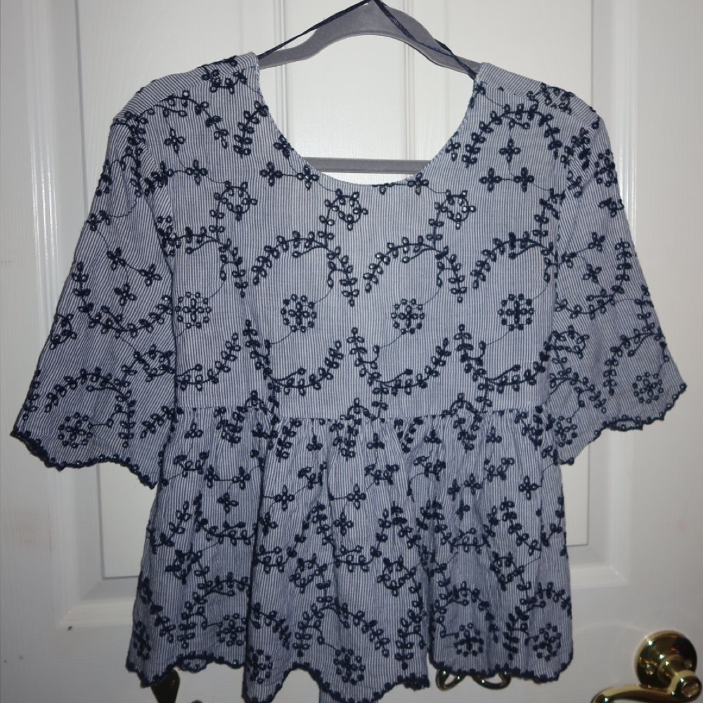 Zara Striped Navy and White Floral Top